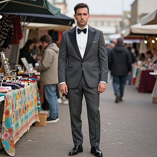 Photograph of a tall, handsome man in a dark gray suit, black bow tie, and polished black shoes, standing confidently in a bustling outdoor market