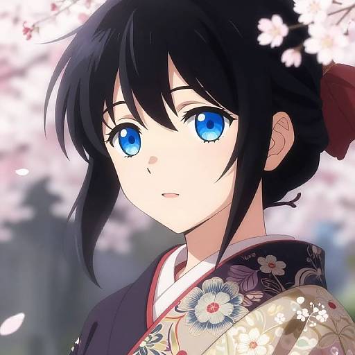 Anime Girl in Kimono with Cherry Blossoms