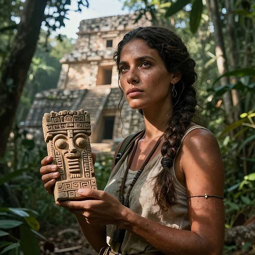 Photograph of a sunlit, curly-haired woman with tanned skin holding an ancient Mayan artifact in a lush, forested jungle near a stone