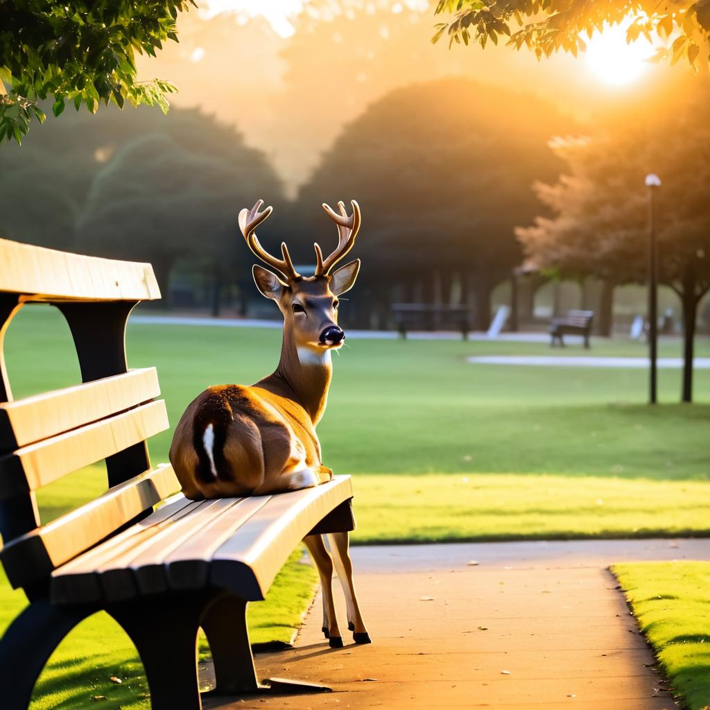 Deer Contemplating at Sunset on Bench