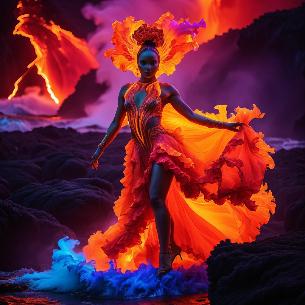 Surreal Dancer Amidst Fiery Lava Eruptions