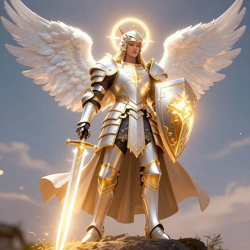 CGI image of a radiant, angelic knight in silver armor with white wings, holding a glowing sword and shield, standing on a rocky hill under