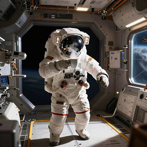 Photograph of an astronaut in a white spacesuit with red stripes, helmet reflection, standing in a dimly lit spacecraft module.