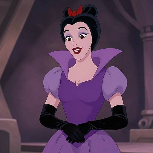 Digital animation of Snow White, with black gloves, purple dress, puffed sleeves, and red bow, smiling in a dimly lit, wooden interior