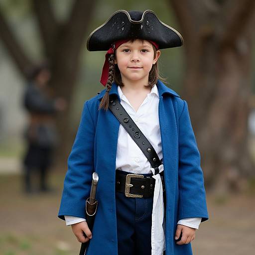 Photograph of a young girl in a blue 18th-century pirate costume, black tricorn hat, white shirt, black pants, and belt,