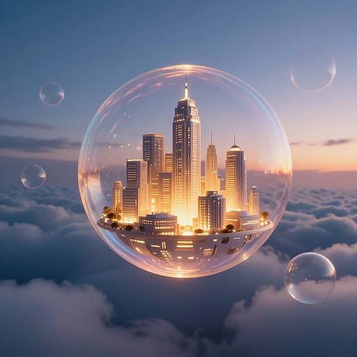 Photorealistic digital artwork: glowing city skyline inside a transparent bubble floating above clouds at sunset, surrounded by three large bubbles.