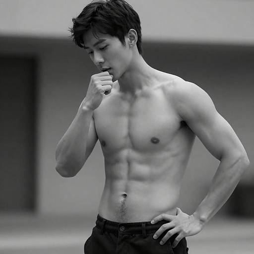 Shirtless Asian Man in Thoughtful Pose