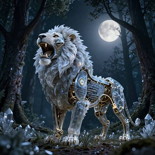 Mechanical Lion in Moonlit Forest