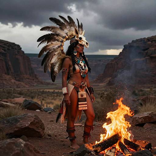 Photograph of a Native American warrior with dark skin, feathered headdress, and traditional attire, standing by a campfire in a desert canyon under