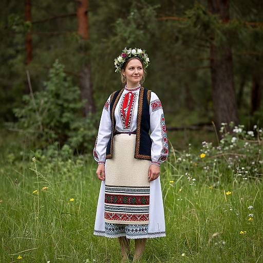 Photograph of a smiling woman in traditional Nordic folk dress, white blouse with red embroidery, black vest, white skirt, flower crown, standing in a