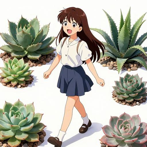 Antique Japanese Anime Girl with Succulents