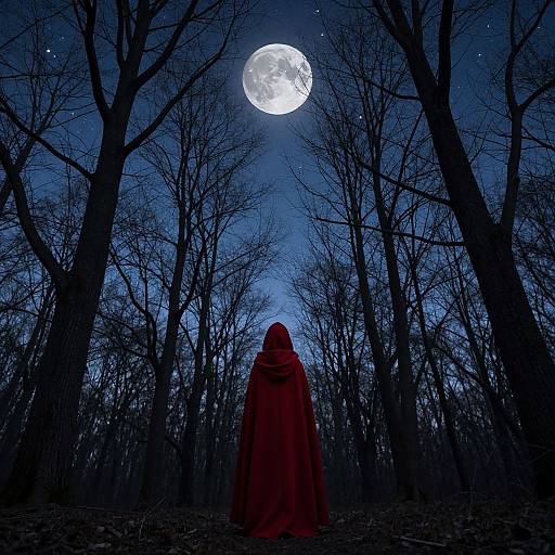 Silhouetted figure in red hooded cloak stands before a full moon in a dark, leafless forest, surrounded by tall, bare trees.
