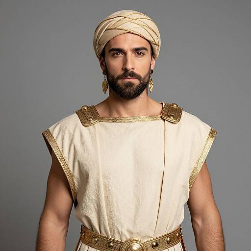 Photograph of a bearded man with medium skin tone, wearing a white tunic with gold trim, gold belt, and beige turban, against