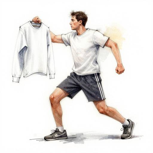 Digital illustration of a muscular man in a white t-shirt, black shorts, and sneakers, holding a shirt, walking dynamically.