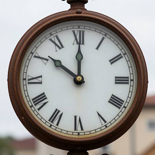 Close-up photograph of an antique, round, brown-rusted clock with white face, black Roman numerals, black hands, and yellow center. Bl