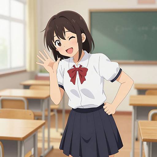 Anime-style digital drawing of a cheerful, brown-haired girl in a white shirt with red bow, black skirt, waving in a classroom.