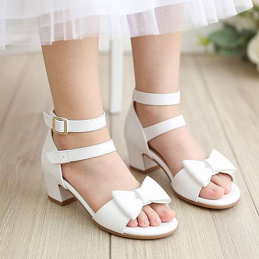 Photograph of a child's feet in white, open-toe, strappy sandals with a bow accent, wearing a white, ruffled dress,
