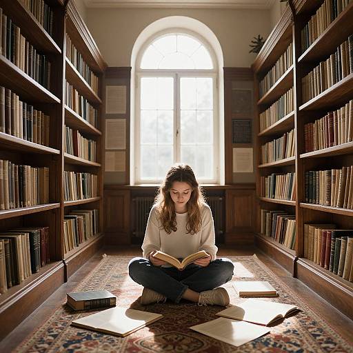Photograph of a young woman with long brown hair, white sweater, and blue jeans, sitting cross-legged on a patterned rug in a sunlit