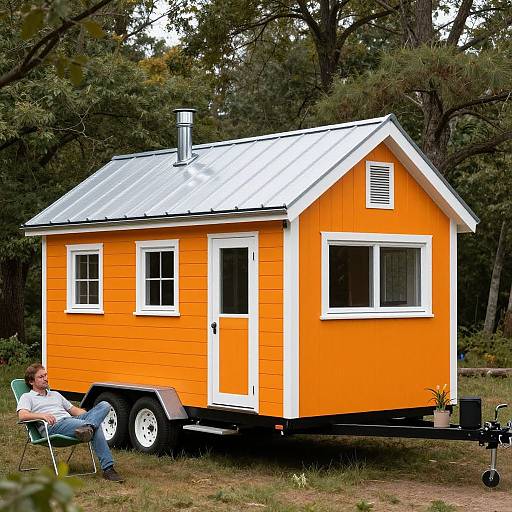 Photograph of a bright orange tiny travel trailer with white trim, parked in a forest, a man in a white shirt and jeans relaxes in a