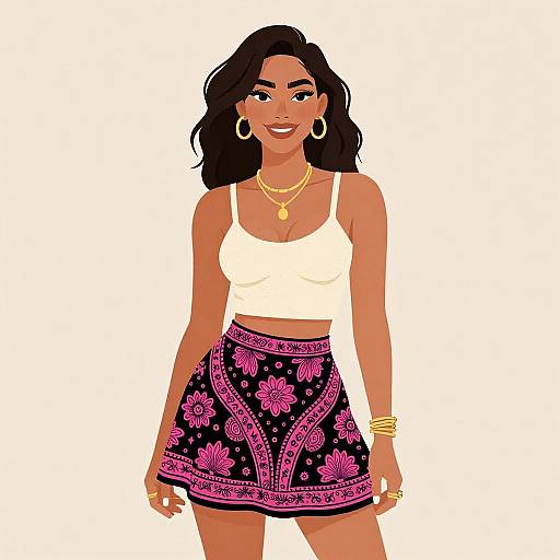 Smiling Bohemian Woman in Paisley Skirt