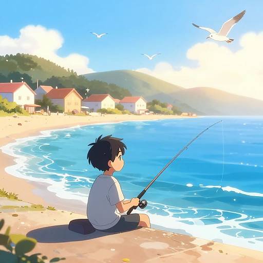 Digital anime-style drawing of a young boy with black hair, sitting on a sunny beach, fishing, with blue ocean, houses, and birds in the