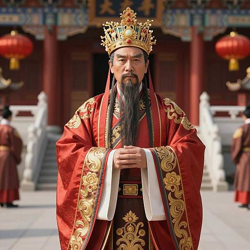 Regal Elderly Asian Man as City God