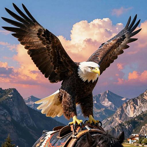 Photograph of a majestic bald eagle with outstretched wings, standing on a rock, against a backdrop of mountain peaks and a colorful sunset sky.