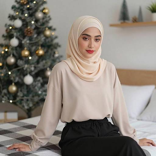 Young Woman in Beige Hijab by Christmas Tree
