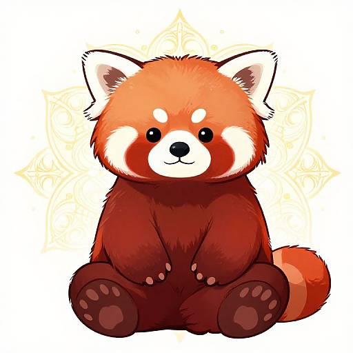 Cute digital illustration of a red panda, sitting with fluffy orange and white fur, dark red paws, and a happy expression, against a star