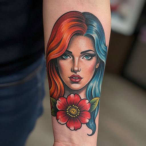 Vibrant tattoo of a woman with red and blue hair, blue eyes, and red flower, on forearm; realistic, colorful, detailed style.