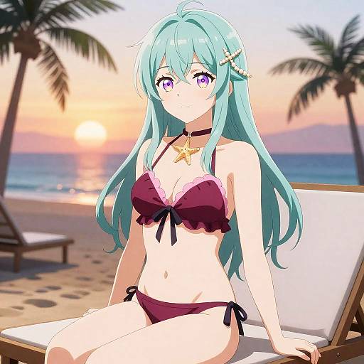 Cinematic Sunset: Teal-Silver Beach Muse