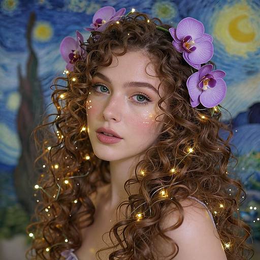Photograph of fair-skinned woman with curly brown hair adorned with purple orchids, surrounded by fairy lights, against a Vincent van Gogh-style Star