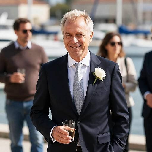 Smiling Middle-Aged Man in Suit at Marina Event