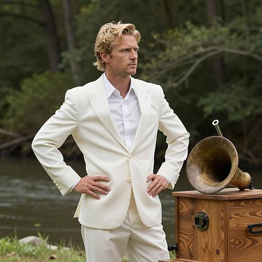 Blond Man in White Suit with Horn
