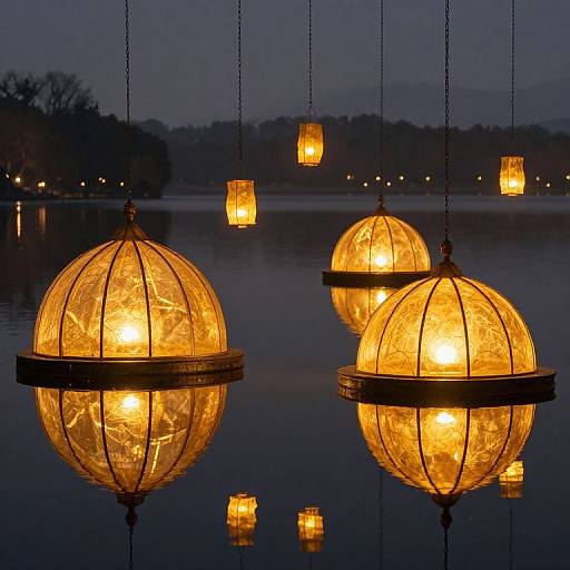Photograph of five glowing, orange-hued, spherical lanterns hanging over a calm, dark lake at twilight, reflecting on the water.