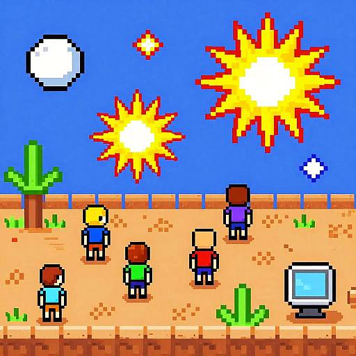 Pixel art of six children in colorful clothes standing on a sandy desert with two bright suns, a white sun, and a blue sky. A small