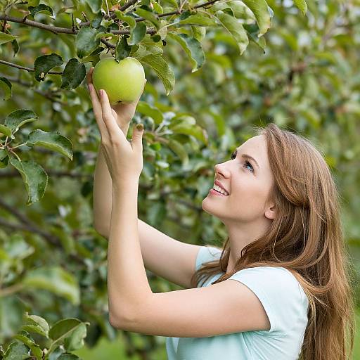 Photograph of a smiling young woman with long brown hair, wearing a white shirt, reaching up to pick a green apple from a leafy tree.