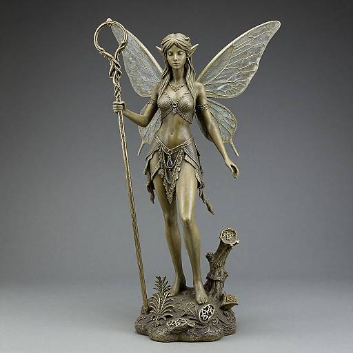 Bronze statue of a fairy with delicate wings, wearing a leafy loincloth and holding a staff, standing on a foliage base.