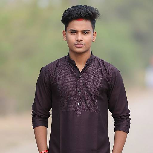 Photograph of a young South Asian man with short black hair, wearing a black, textured, long-sleeved kurta, standing outdoors against a