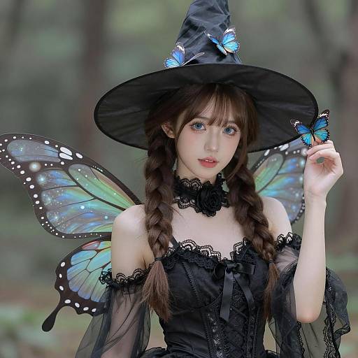 Young Woman in Fairy Witch Costume with Butterfly Wings