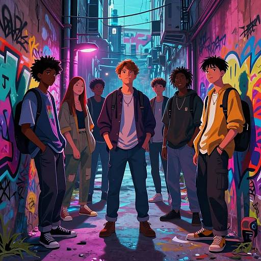 Digital art of six diverse, young urban teenagers standing in a neon-lit, graffiti-covered alley at night, wearing casual clothes.