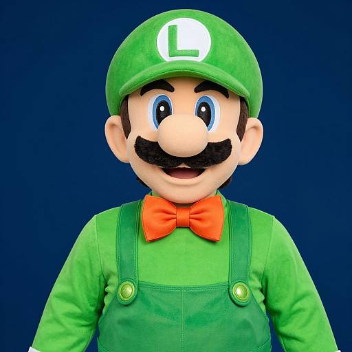 Photograph of a Super Mario plush toy against a solid dark blue background. Mario wears a green hat with a white 