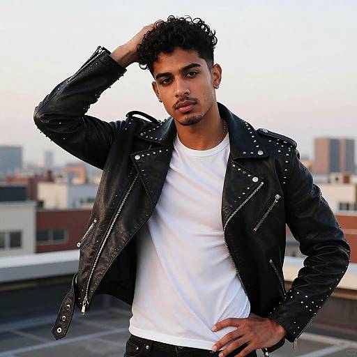 Photograph of a handsome, dark-haired man with curly hair, wearing a black studded leather jacket over a white t-shirt, standing confidently on a
