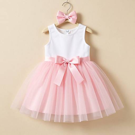 Photograph of a sleeveless white dress with a pink tulle skirt, adorned with pink bows on the chest and waist, hanging on a metal h