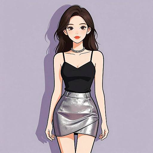 Digital anime-style drawing of a young woman with long brown hair, wearing a black spaghetti strap top and shiny silver skirt, against a light purple background.