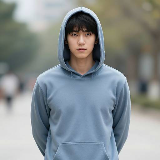 Photograph of a young Asian man with straight black hair, wearing a light blue hooded sweatshirt, standing in a blurred outdoor setting.