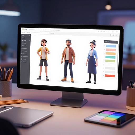 Photograph of a computer monitor displaying four cartoon-style characters in casual attire, with a colorful palette on the right. Desk background includes pencils, a laptop