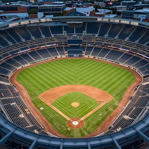 Aerial photograph of an empty, brightly lit baseball stadium with a well-maintained green field, red dirt infield, and rows of blue seats.