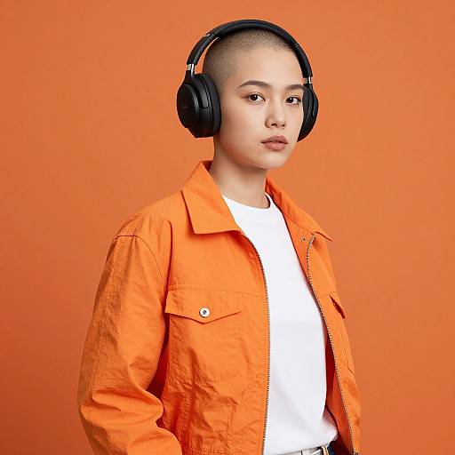 Photograph of an Asian teenager with short hair, wearing large black headphones, an orange jacket, and white shirt, against an orange background.