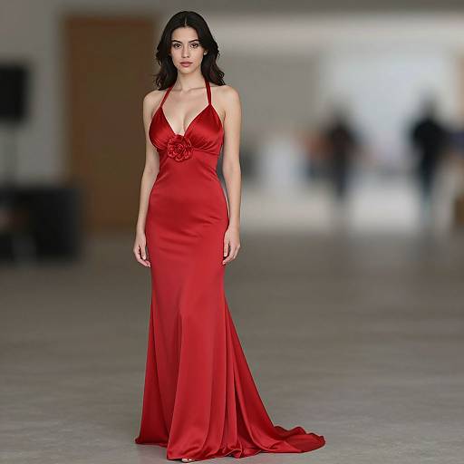 Photograph of a dark-haired woman in a red, halter-neck, floor-length gown with a floral accent, walking on a blurred runway.